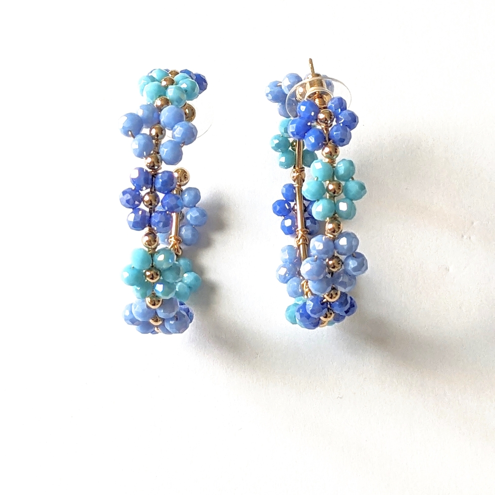 Floral Hoop Earrings - Blue and Gold